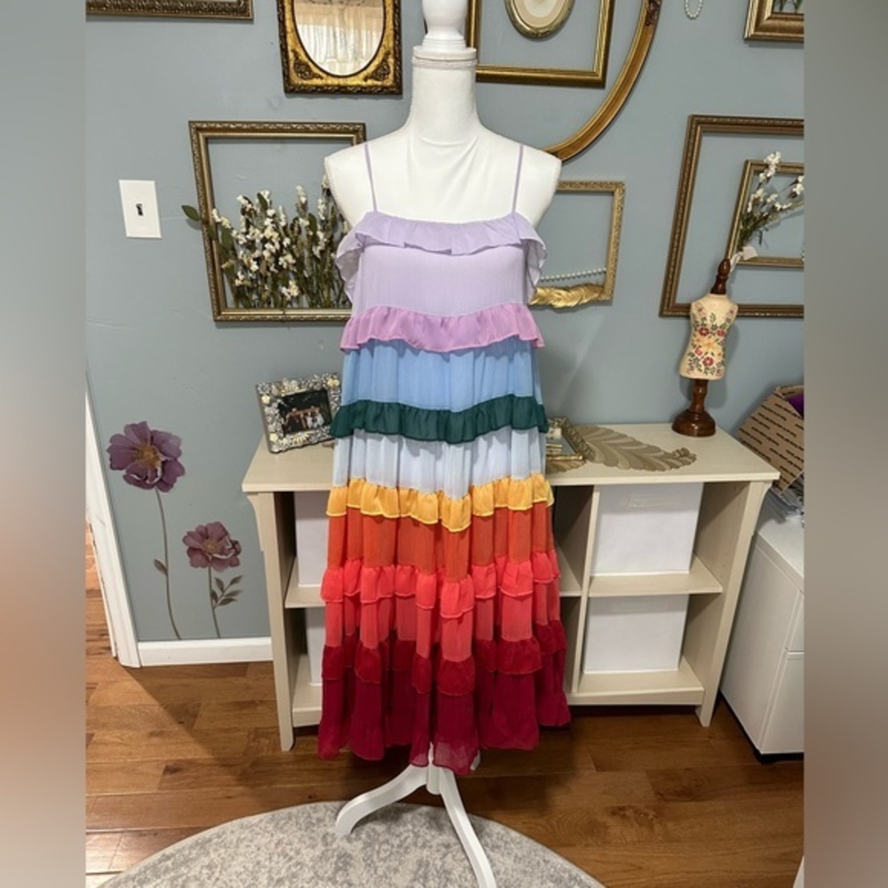 Storia Rainbow Ruffle Tier Spaghetti Strap Midi Dress